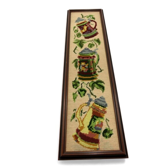 BEER STEIN Needlepoint Art in Brown Wood Frame Wall Decor Vintage 30" - Picture 3 of 9
